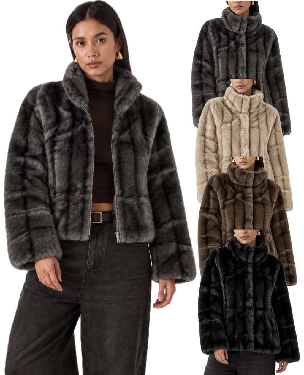 Women's Faux Fur Jacket High Neck Full Zip Up Soft Warm Winter Coat New S - 3XL
