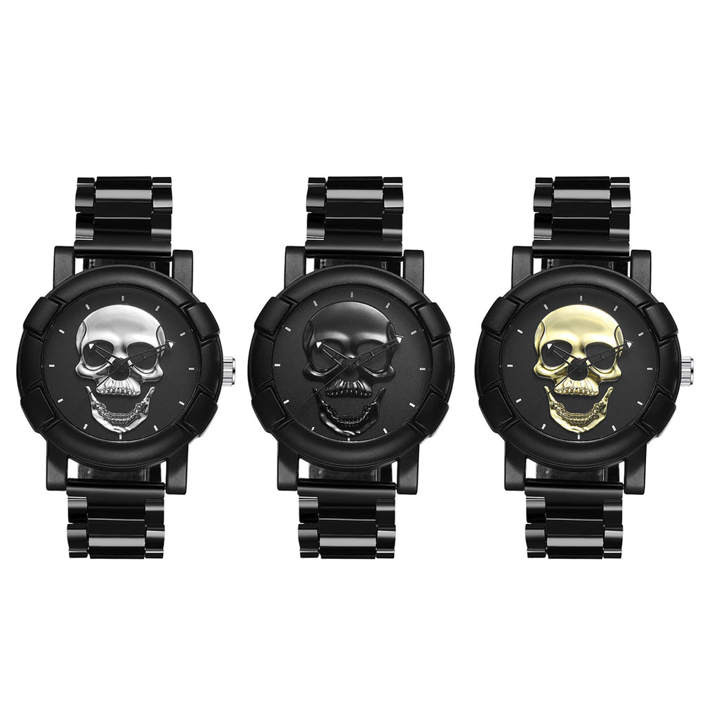 2pcs Steampunk Skull Decor Quartz Wrist Watch Bracelet Men Halloween Accessories