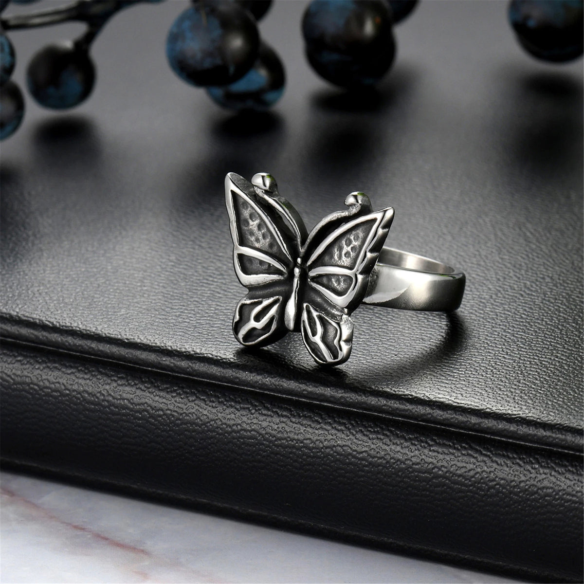 Women's Vintage Stainless Steel Butterfly Ring Casting Band for Gift Size 7-13