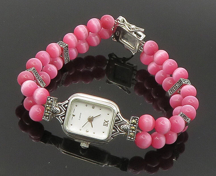 925 Sterling Silver Beaded Cat's Eye & Marcasite Watch Bracelet BT1022