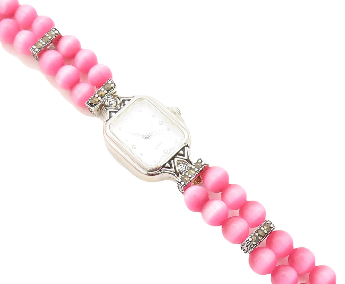 925 Sterling Silver Beaded Cat's Eye & Marcasite Watch Bracelet BT1022