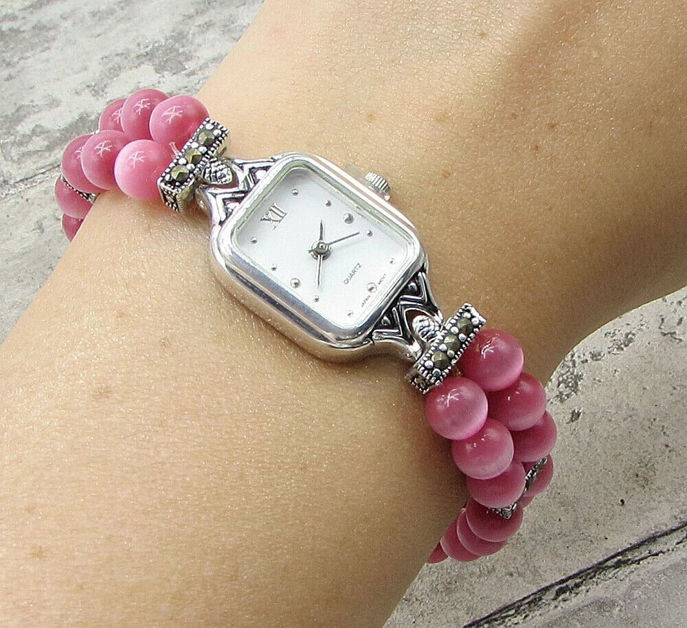 925 Sterling Silver Beaded Cat's Eye & Marcasite Watch Bracelet BT1022