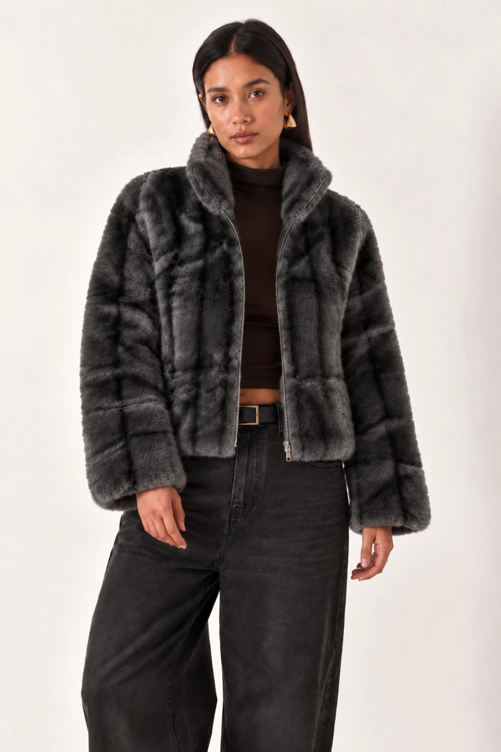 Women's Faux Fur Jacket High Neck Full Zip Up Soft Warm Winter Coat New S - 3XL