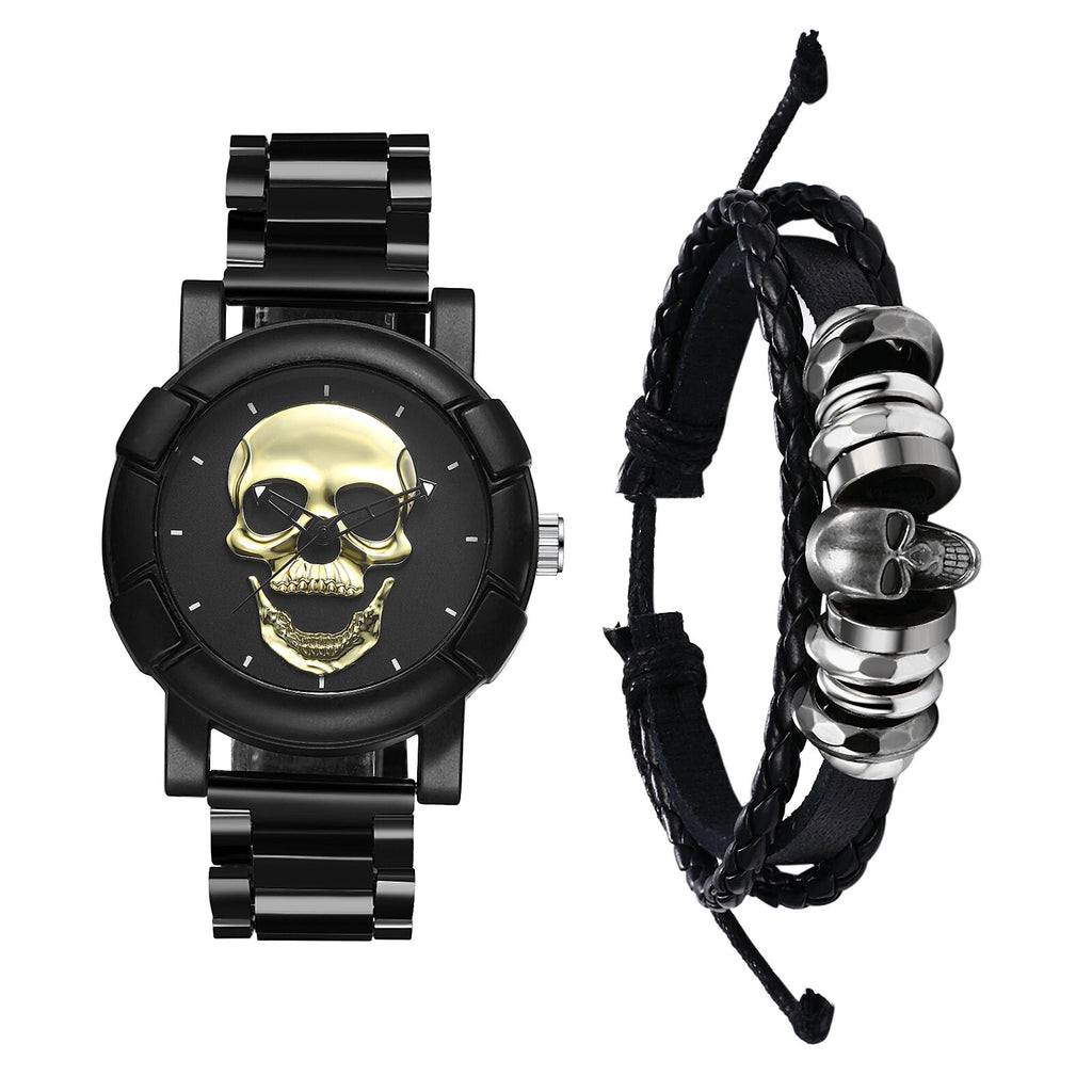 2pcs Steampunk Skull Decor Quartz Wrist Watch Bracelet Men Halloween Accessories