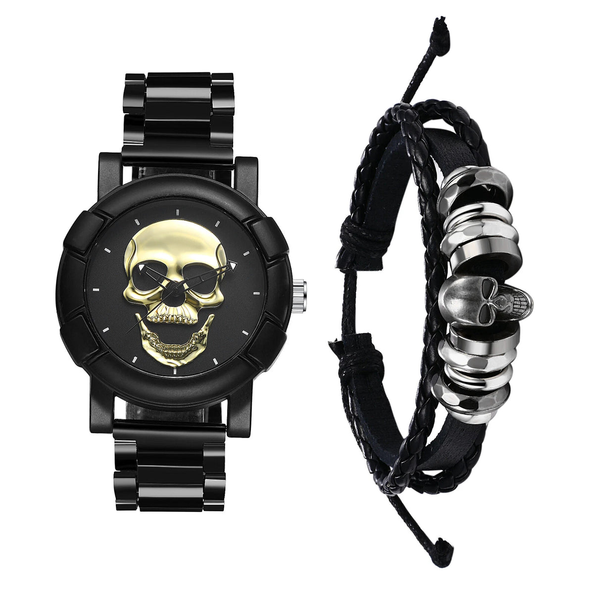 2pcs Steampunk Skull Decor Quartz Wrist Watch Bracelet Men Halloween Accessories